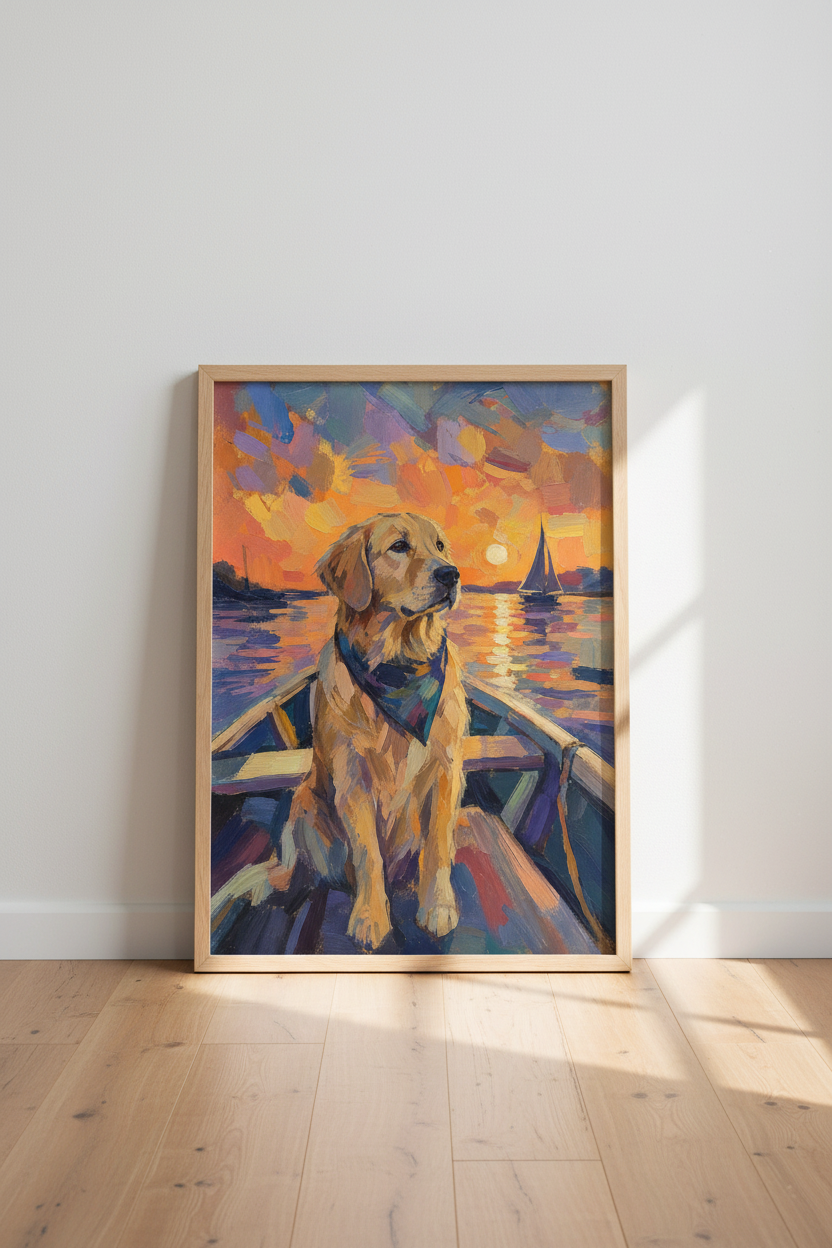 Golden Retriever Dog Art | Sunset Boat Impressionist Print | Coastal Lake Decor