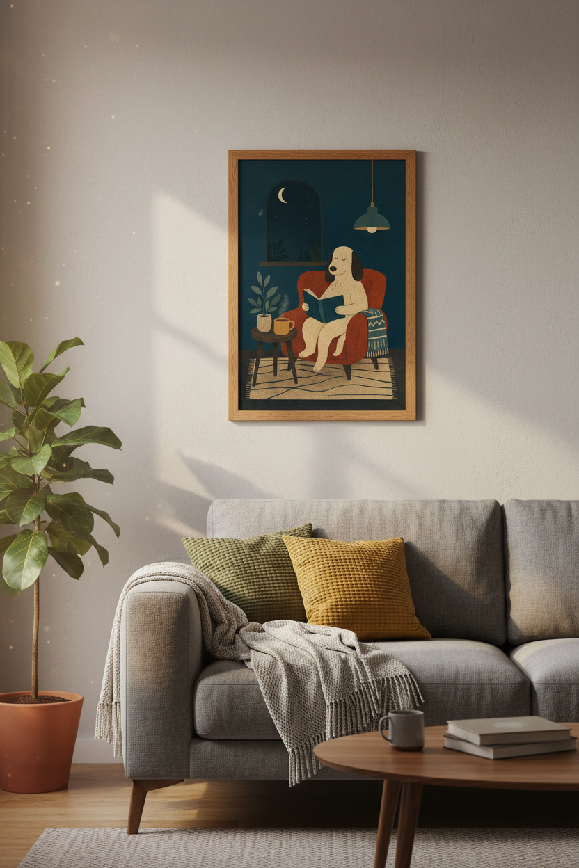 Cozy Reading Dog Wall Art Print | Moody Navy Home Decor | Whimsical Animal Poster