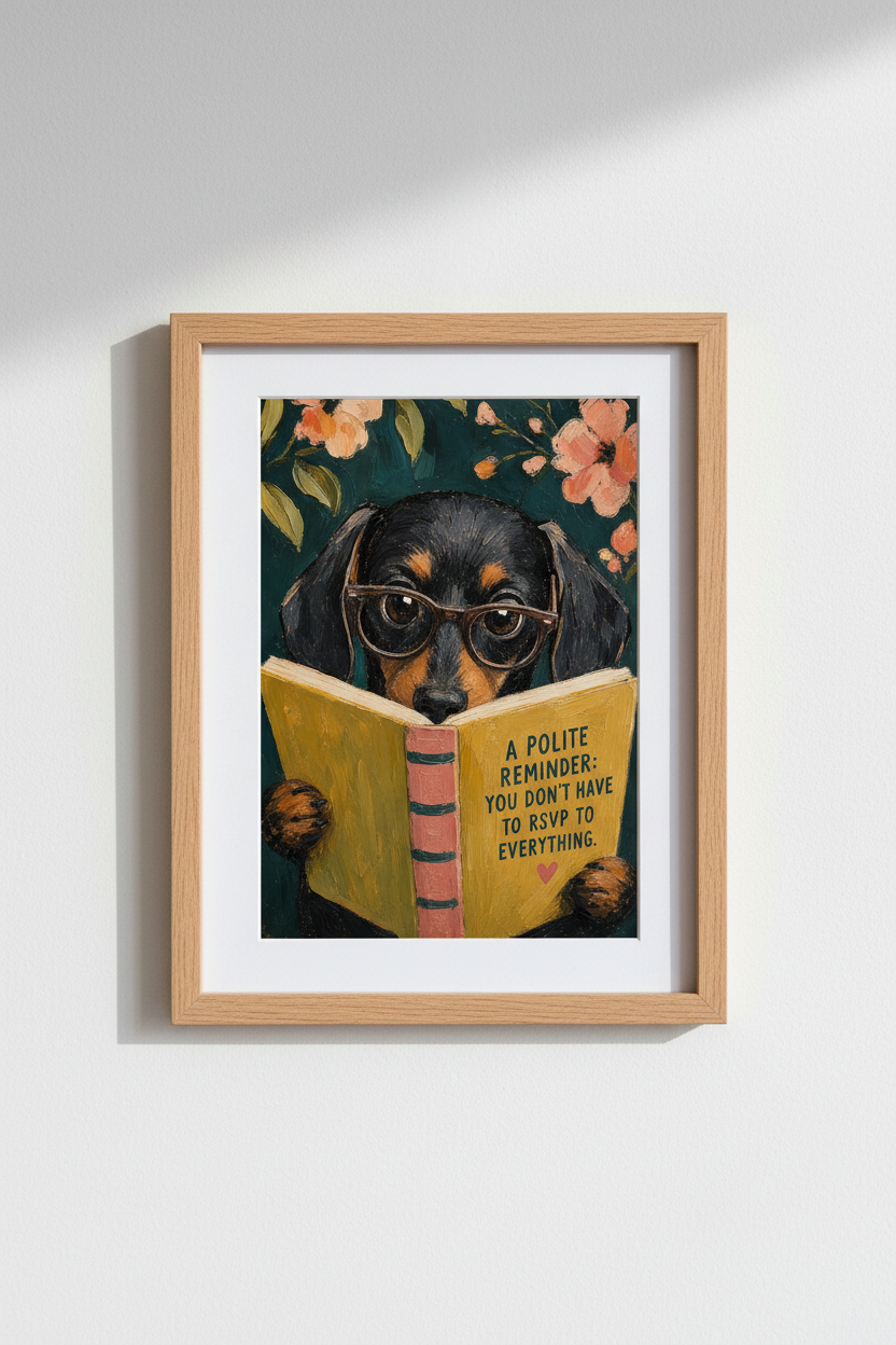 Dachshund Reading Wall Art Print | Funny Dog Poster for Office | Dark Academy Aesthetic