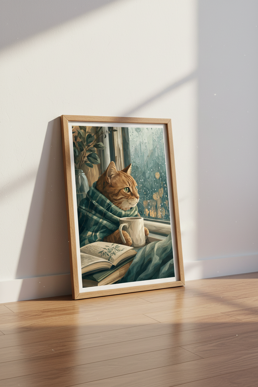 Cozy Ginger Cat by Rainy Window Art | Reading Nook Decor | Hygge Poster