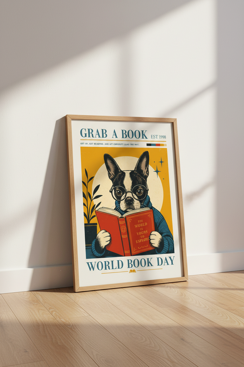 Boston Terrier Reading Book Print | Library Wall Art | Vintage Aesthetic Poster