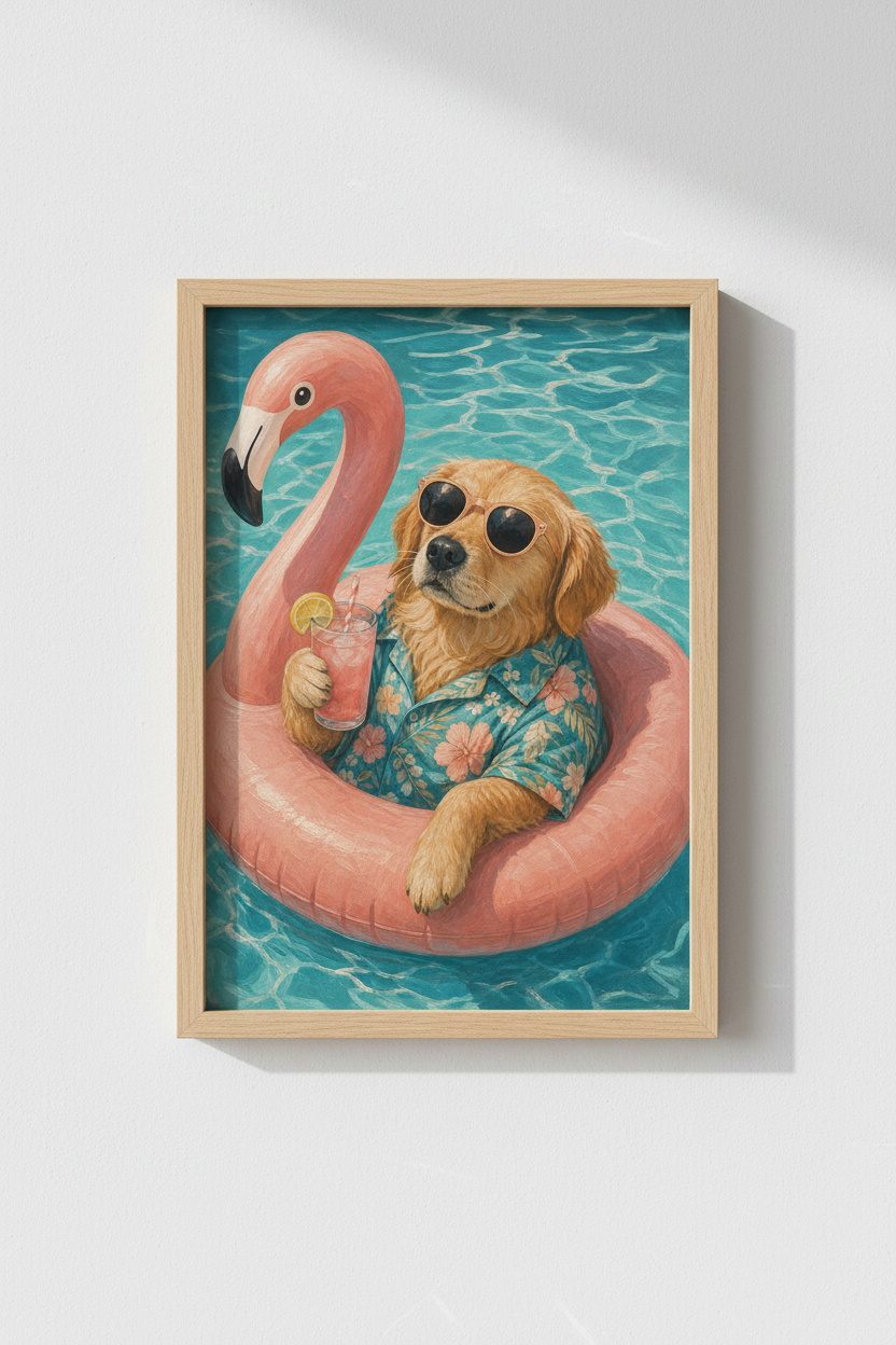 Funny Dog Pool Art | Golden Retriever Flamingo Poster, Tropical Summer Decor