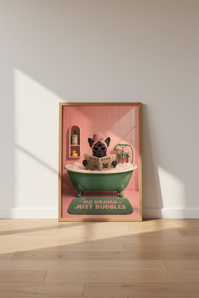 Frenchie in Bathtub Wall Art | Pink Bathroom Decor | Funny Dog Poster