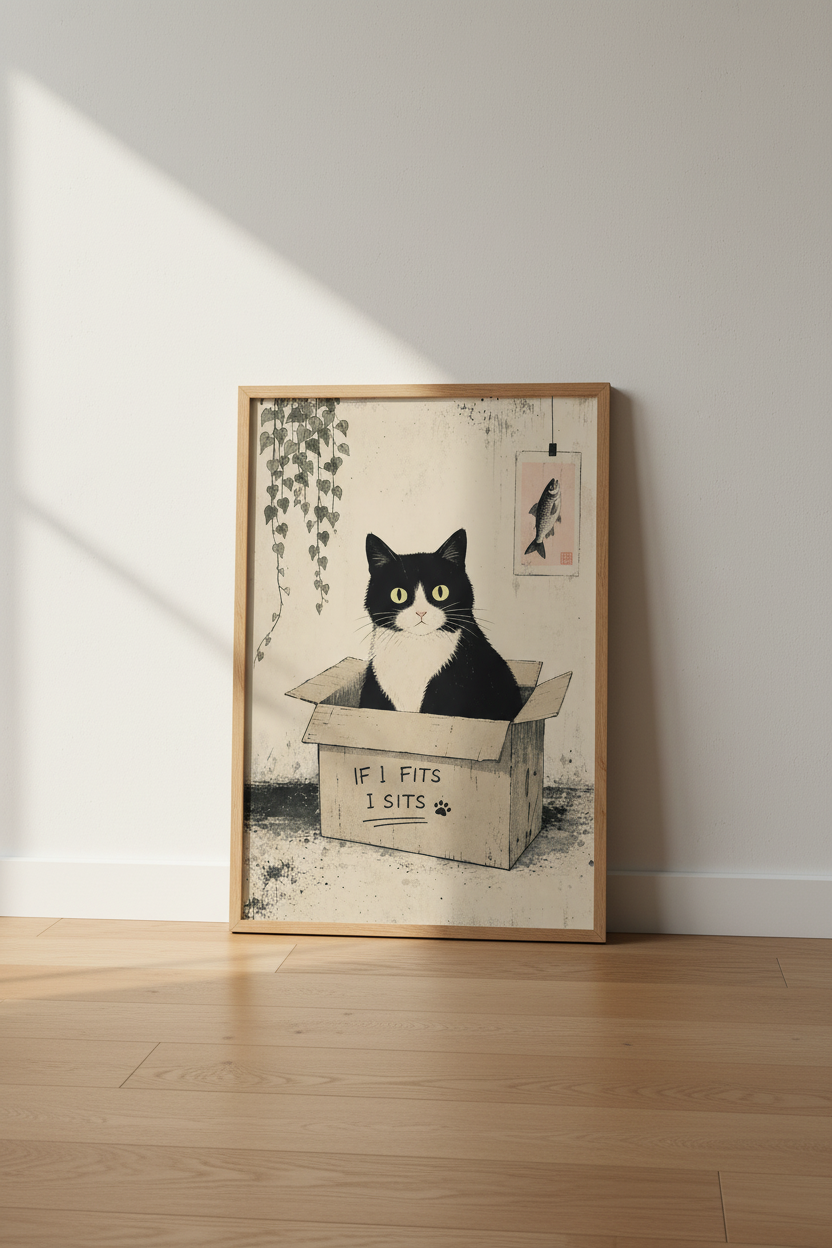 Japanese Cat Wall Art Print | Tuxedo Cat Poster, Funny Ukiyo-e Home Decor