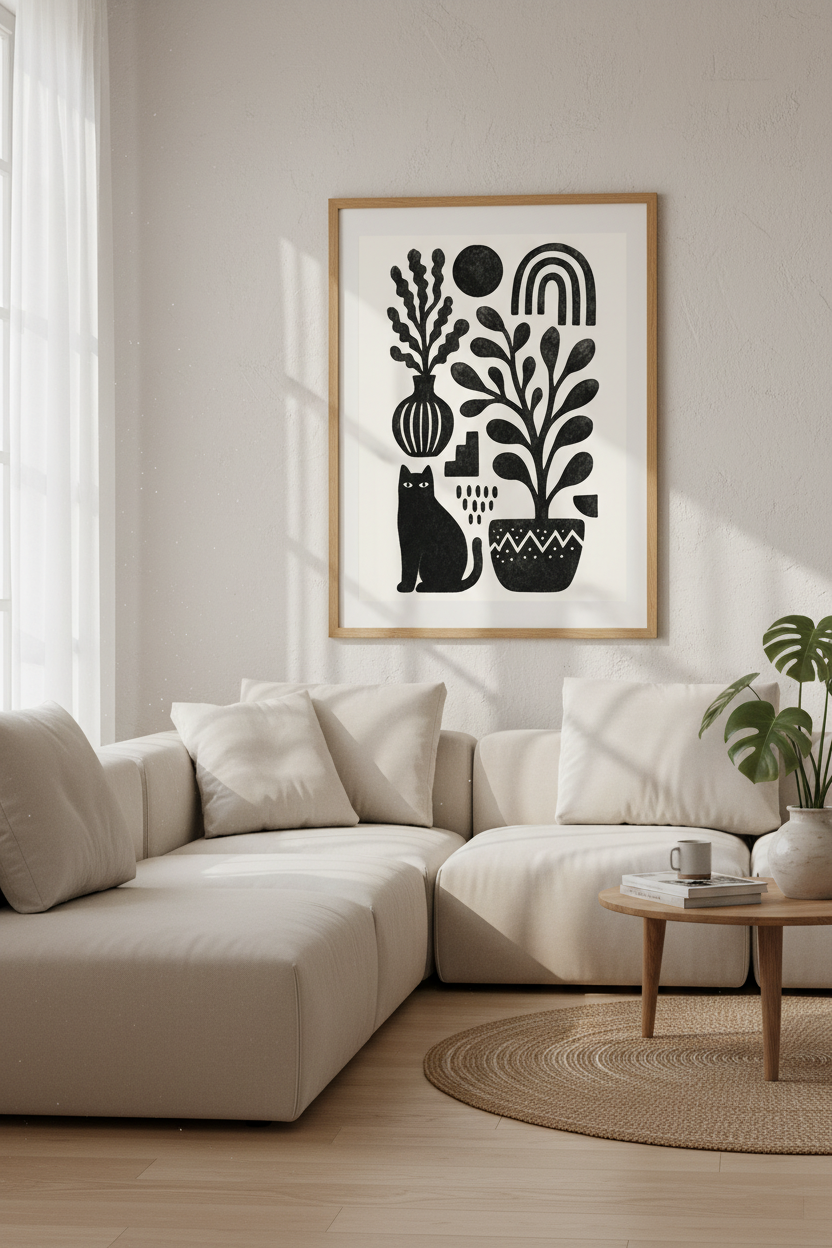 Black Cat & Botanical Wall Art | Minimalist Boho Print, Living Room Decor