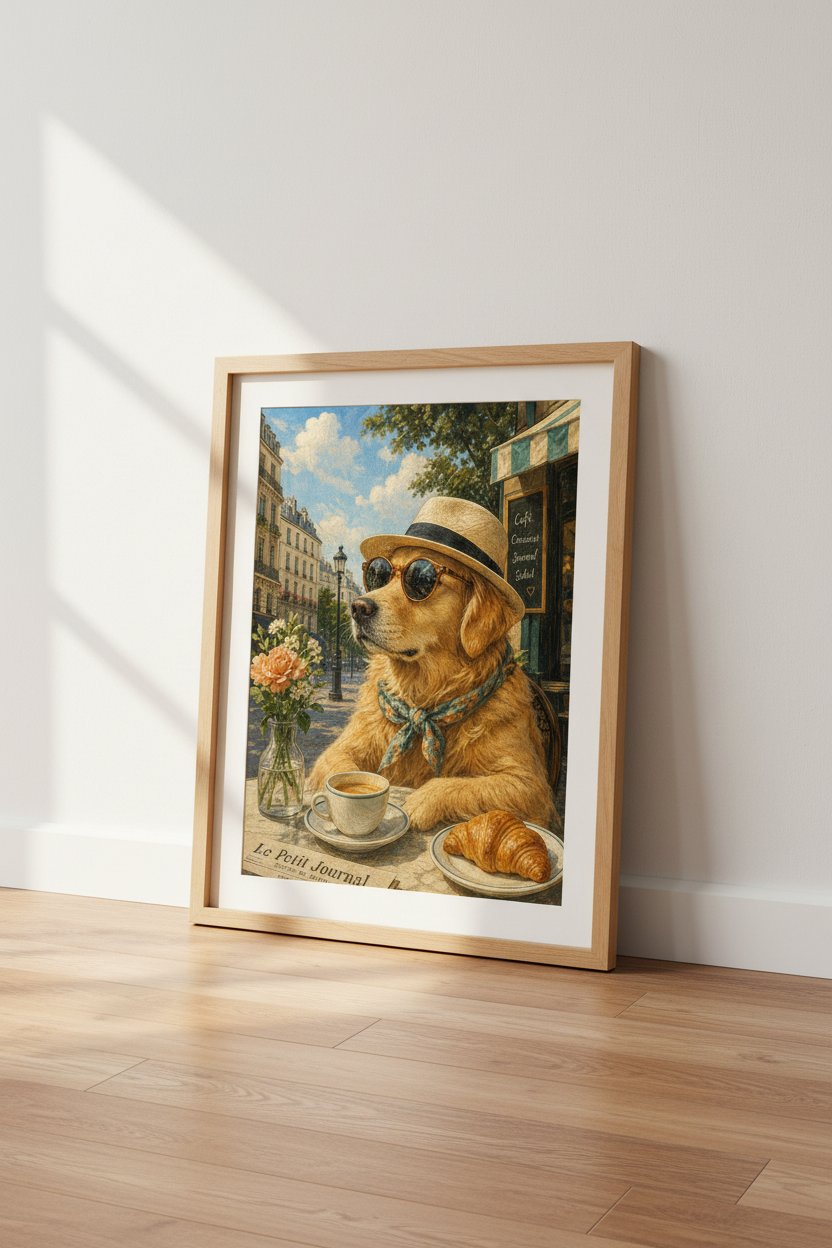 French Dog Wall Art | Golden Retriever Paris Cafe Poster, Whimsical Home Decor