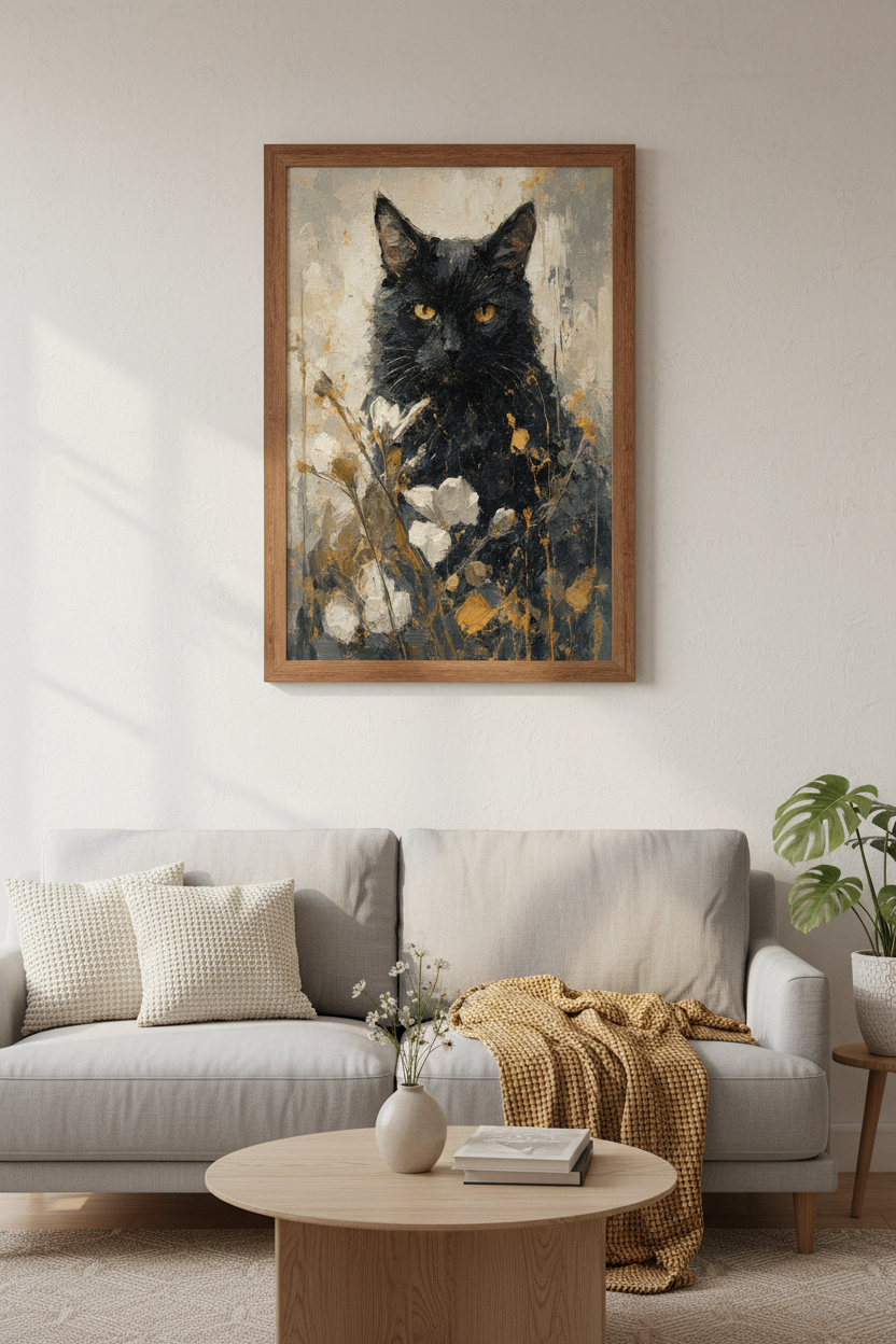 Black Cat Oil Painting | Moody Floral Gold Wall Art | Living Room Decor Poster