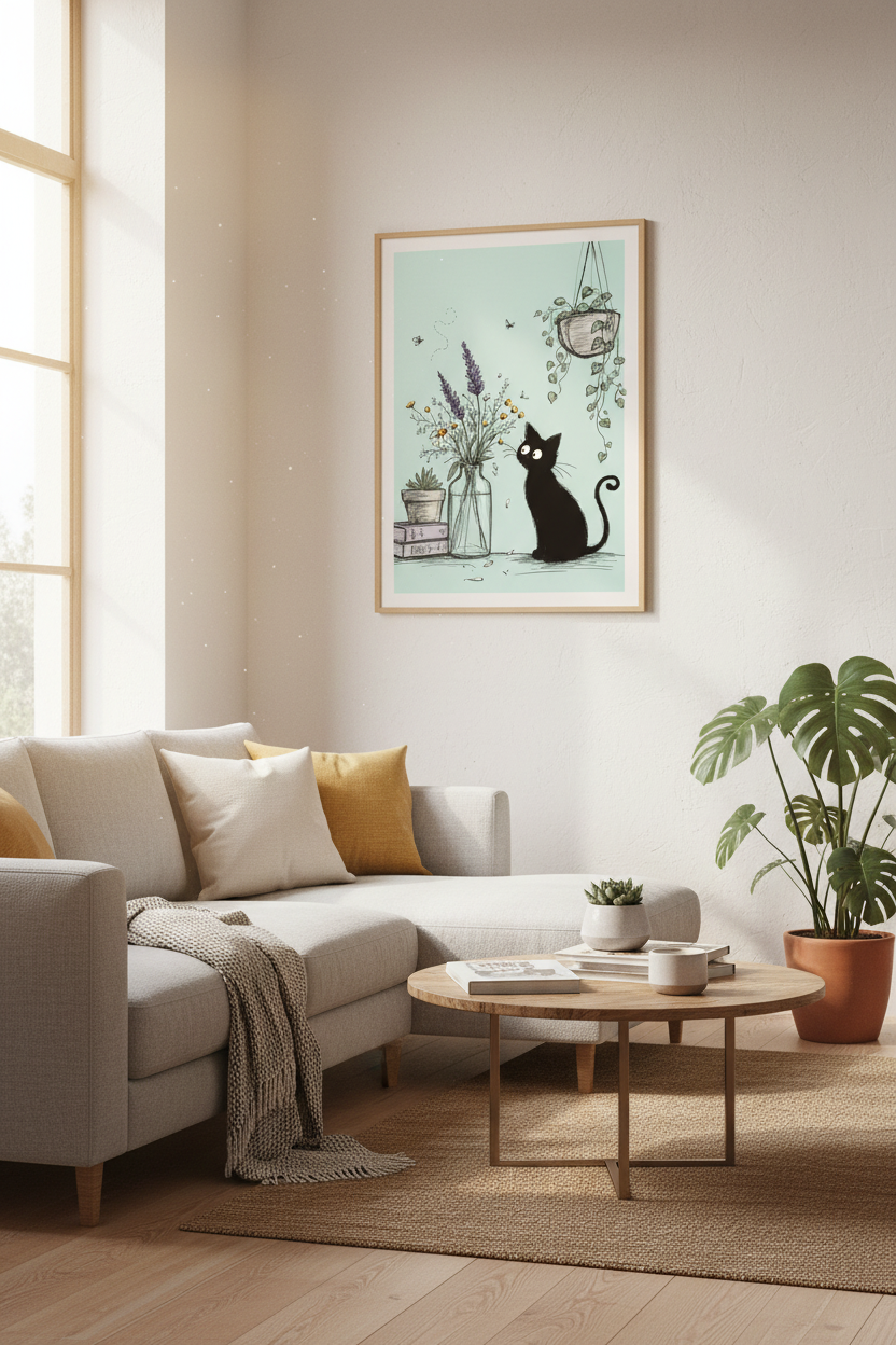 Black Cat & Wildflowers Print | Whimsical Sage Green Decor | Botanical Poster