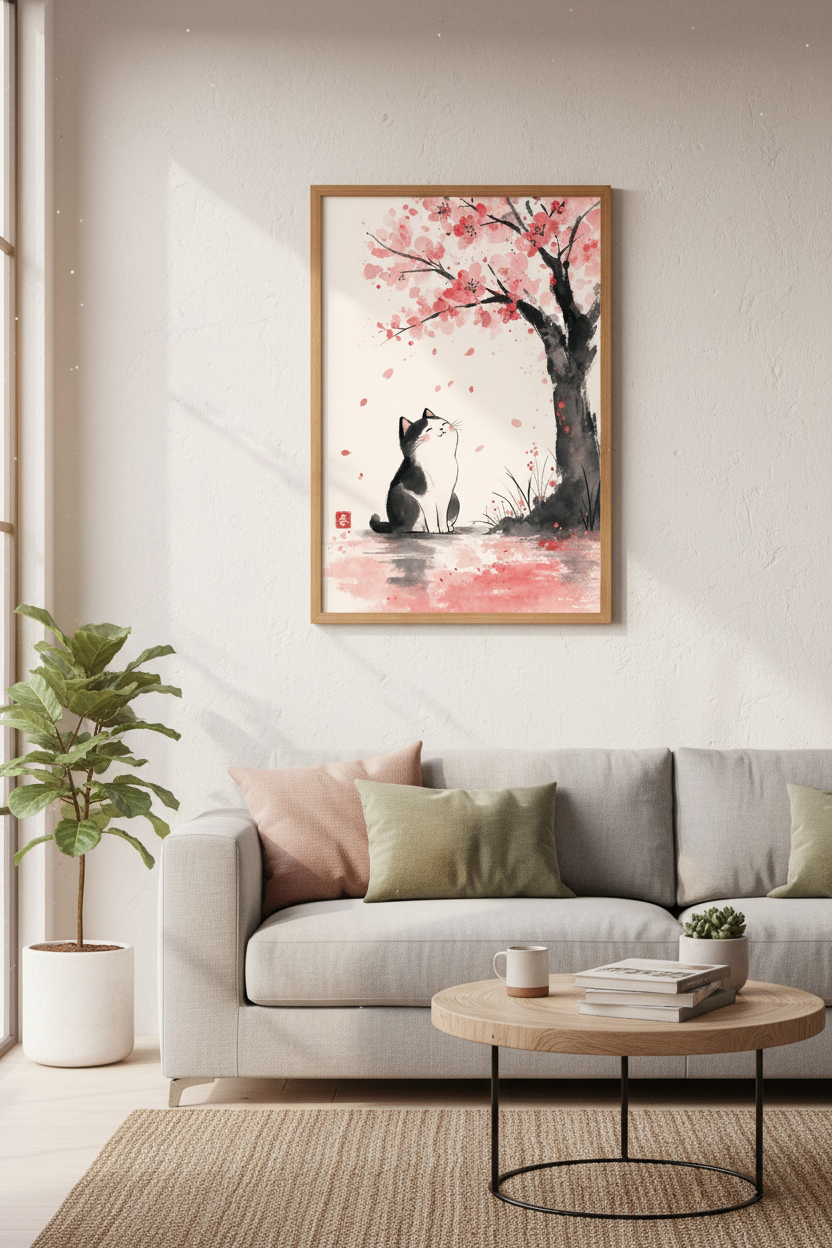 Cat and Cherry Blossom Wall Art | Japanese Ink Wash Style, Zen Pink Home Decor