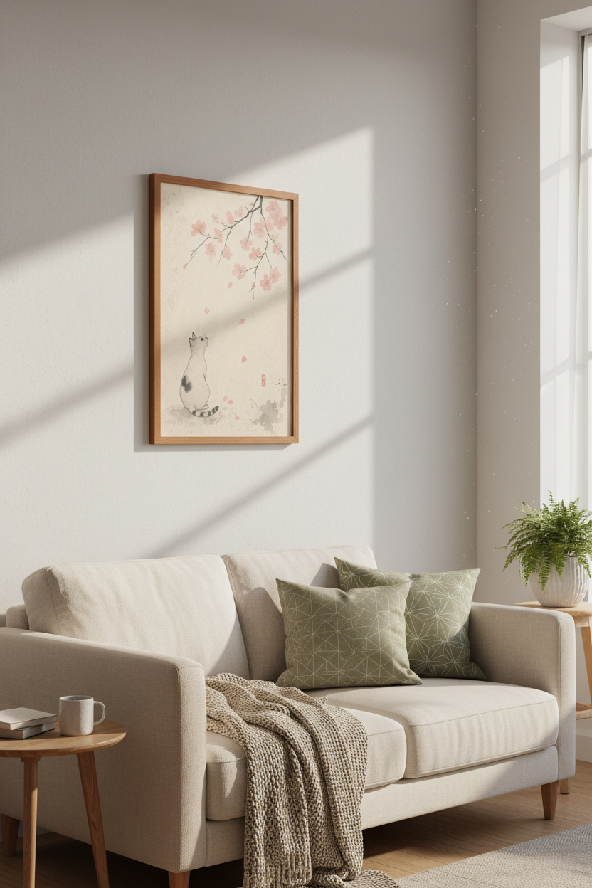 Japanese Cat Cherry Blossom Print | Ink Style Sakura Art, Zen Home Decor Poster