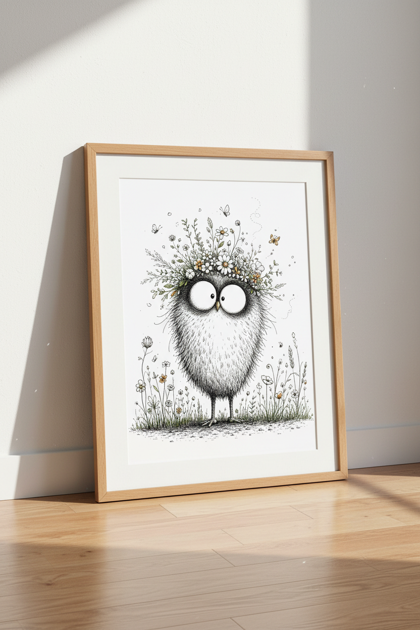 Whimsical Owl with Flower Crown Art | Nursery Wall Decor | Funny Bird Poster