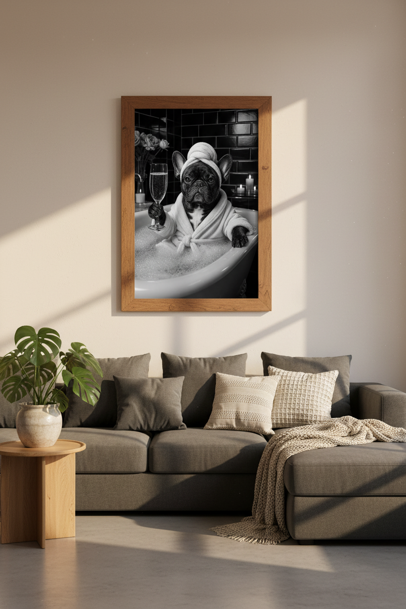 French Bulldog Bath Wall Art | Black and White Dog Poster, Bathroom Decor