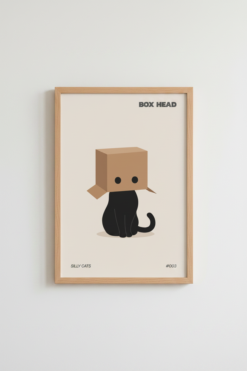 Black Cat Box Head Art Print | Modern Nursery Decor | Minimalist Funny Poster