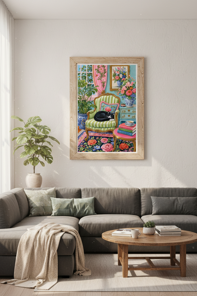 Tuxedo Cat & Books Wall Art | Maximalist Library Decor | Pink Floral Poster