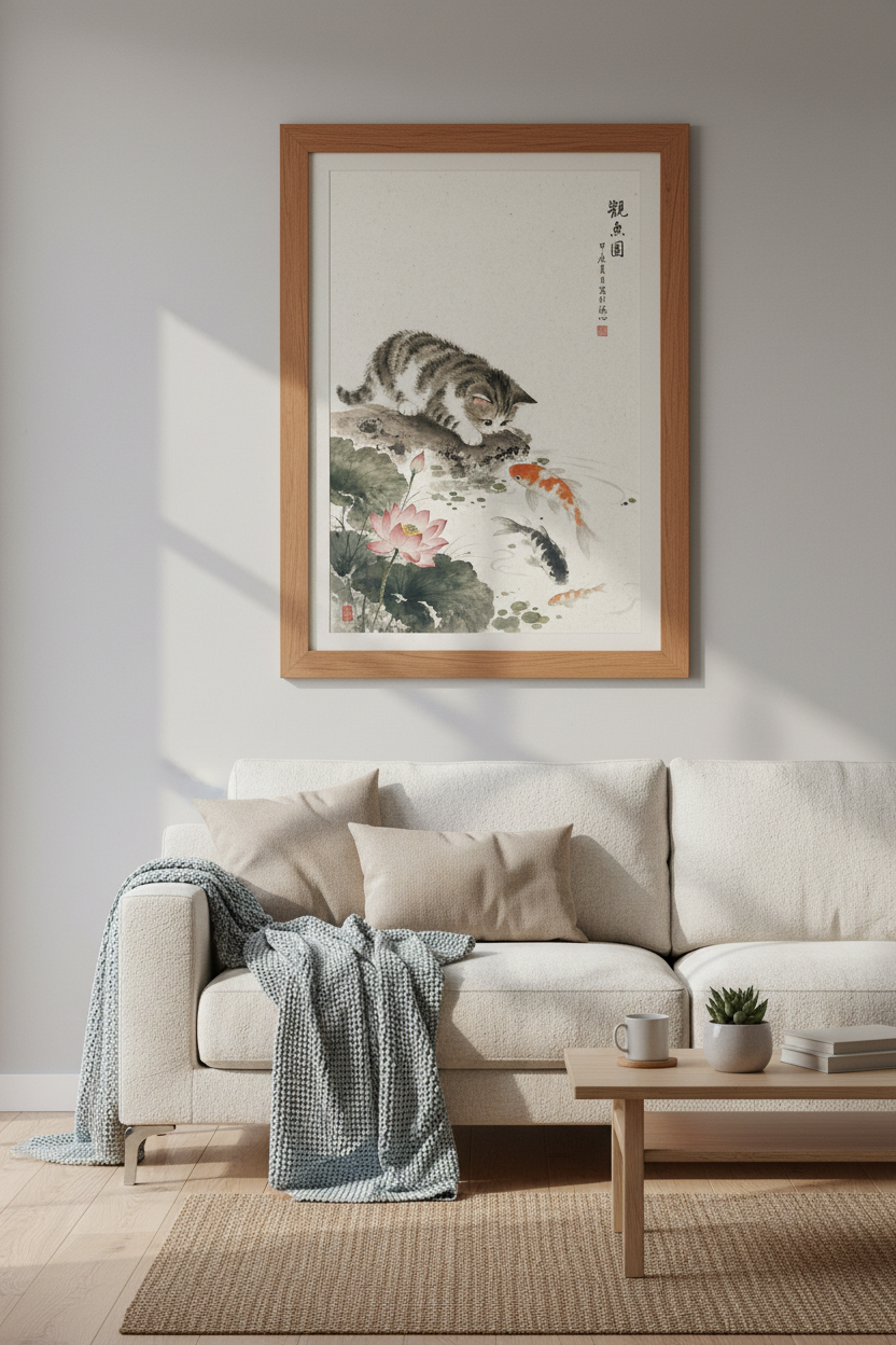 Japanese Cat & Koi Pond Wall Art | Zen Ink Wash Poster, Neutral Decor