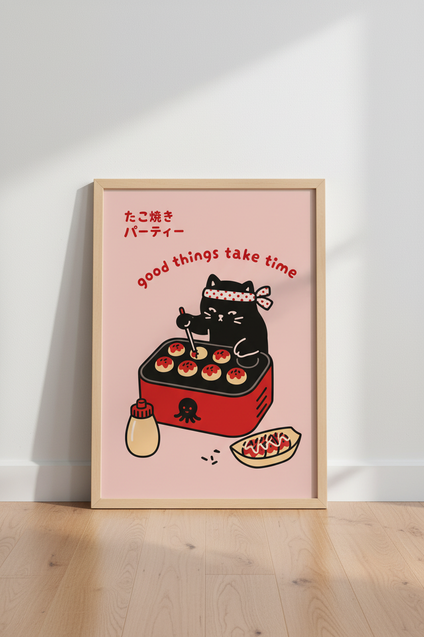 Kawaii Cat Anime Poster | Japanese Food Wall Art, Cute Pink Kitchen Decor