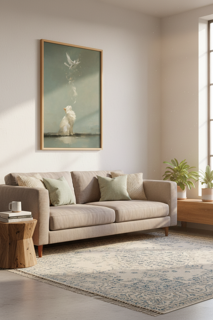 White Cat & Bird Oil Painting | Ethereal Sage Green Decor, Whimsical Poster