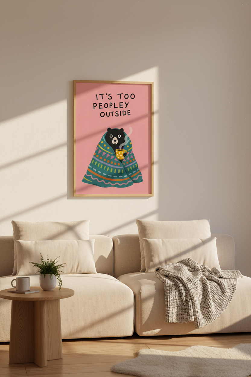 Too Peopley outside Bear Wall Art Print | Pink Cozy Home Decor | Introvert Poster