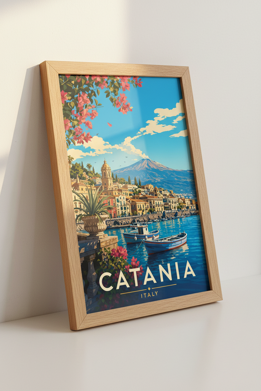Catania Italy Travel Poster | Sicily Coastal Wall Art | Vintage Mediterranean Print