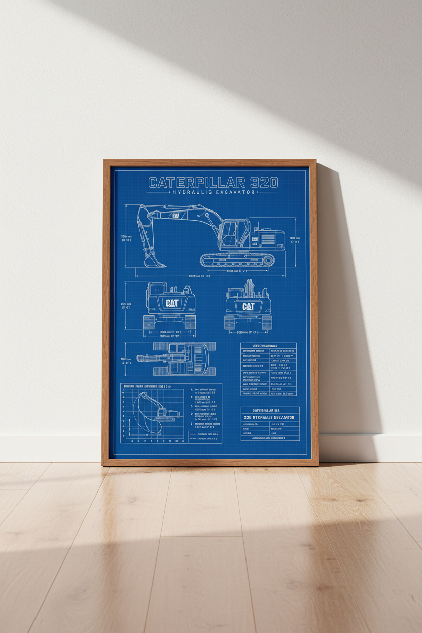 Caterpillar 320 Excavator Blueprint Art | Industrial Office Decor | Heavy Machinery Poster