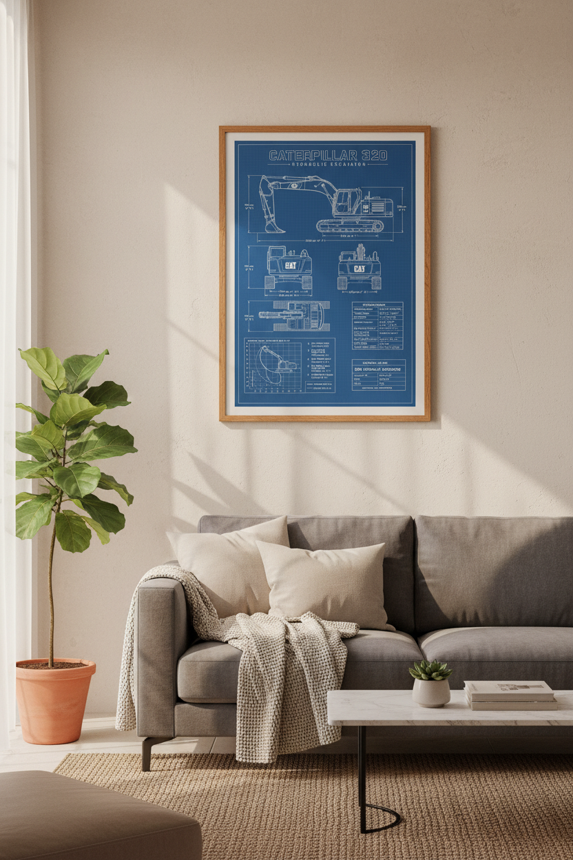 Caterpillar 320 Excavator Blueprint Art | Industrial Office Decor | Heavy Machinery Poster
