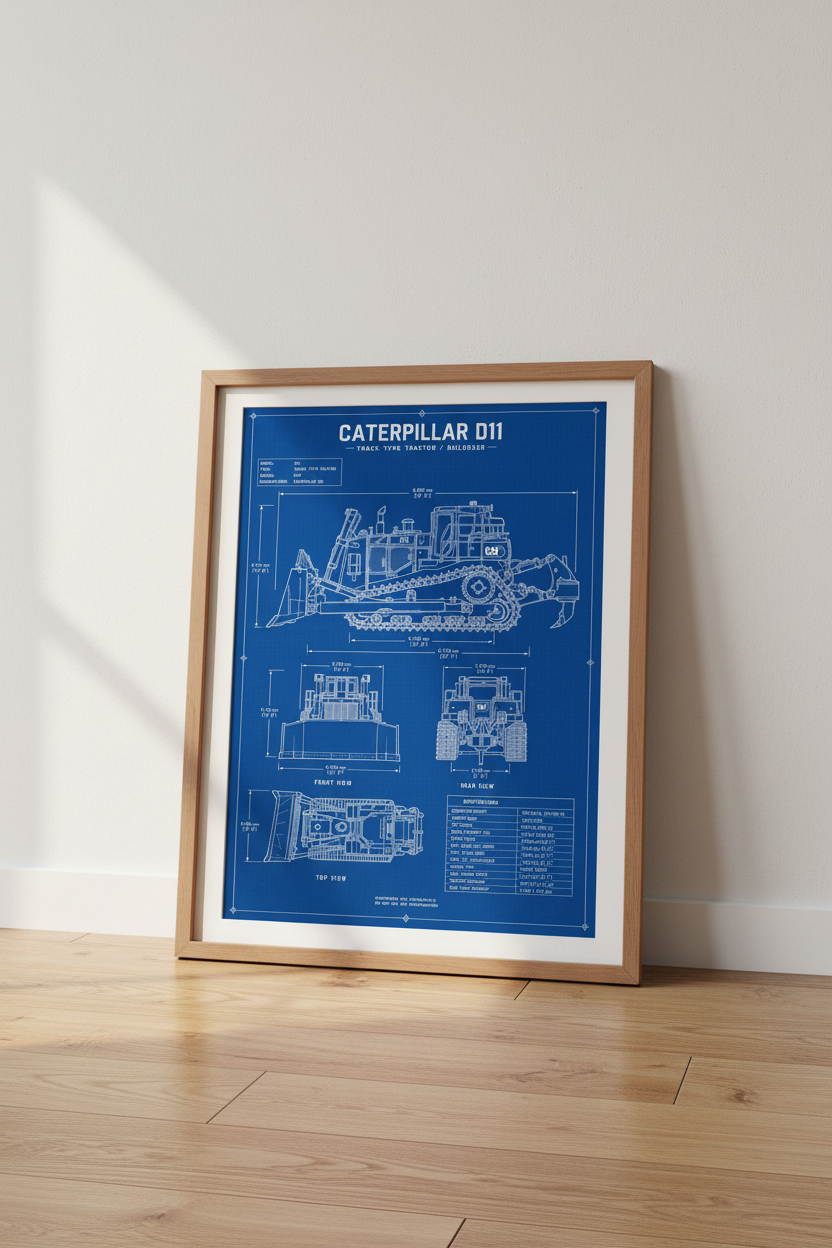 Caterpillar D11 Bulldozer Blueprint | Heavy Machinery Art, Industrial Garage Decor Poster