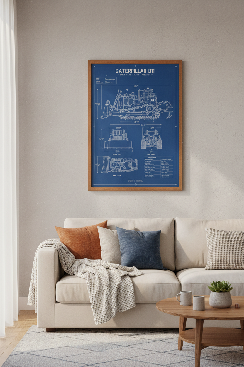 Caterpillar D11 Bulldozer Blueprint | Heavy Machinery Art, Industrial Garage Decor Poster