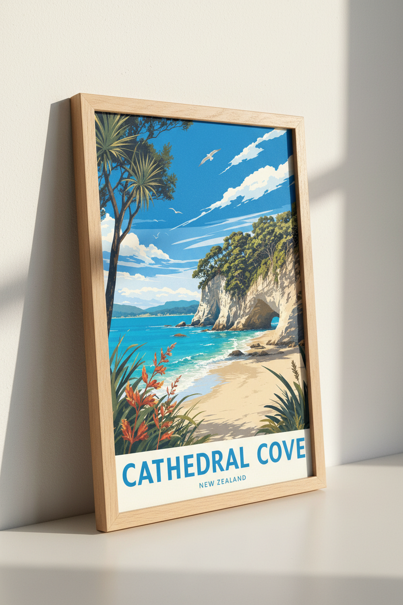 Cathedral Cove New Zealand Art Print | Coastal Travel Poster | Vibrant Beach Wall Decor