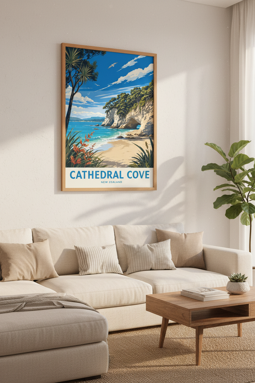 Cathedral Cove New Zealand Art Print | Coastal Travel Poster | Vibrant Beach Wall Decor