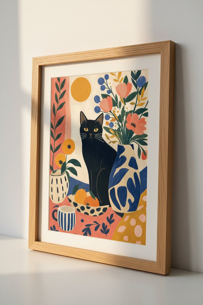 Black Cat & Flowers Still Life | Boho Folk Art Print, Vibrant Kitchen Wall Decor
