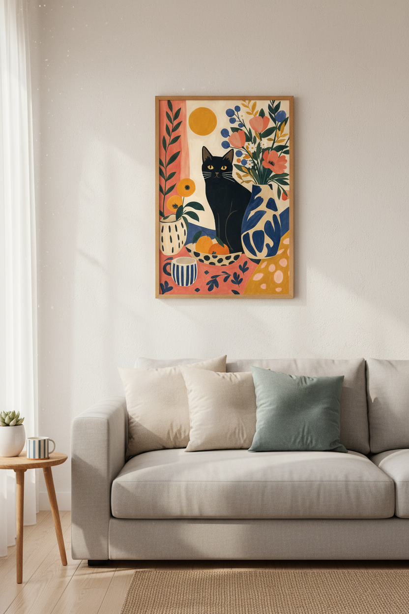 Black Cat & Flowers Still Life | Boho Folk Art Print, Vibrant Kitchen Wall Decor