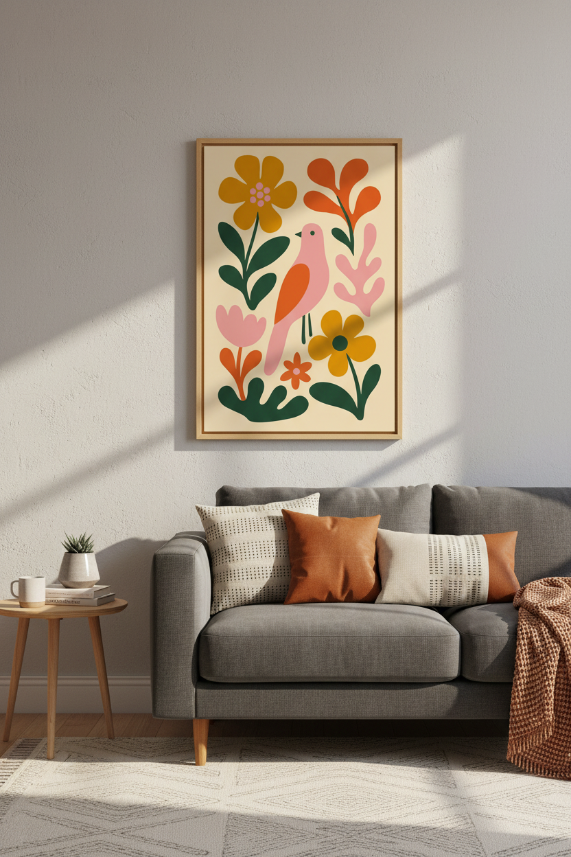 Mid Century Bird Floral Wall Art Print | Boho Nursery Decor | Retro Aesthetic Poster