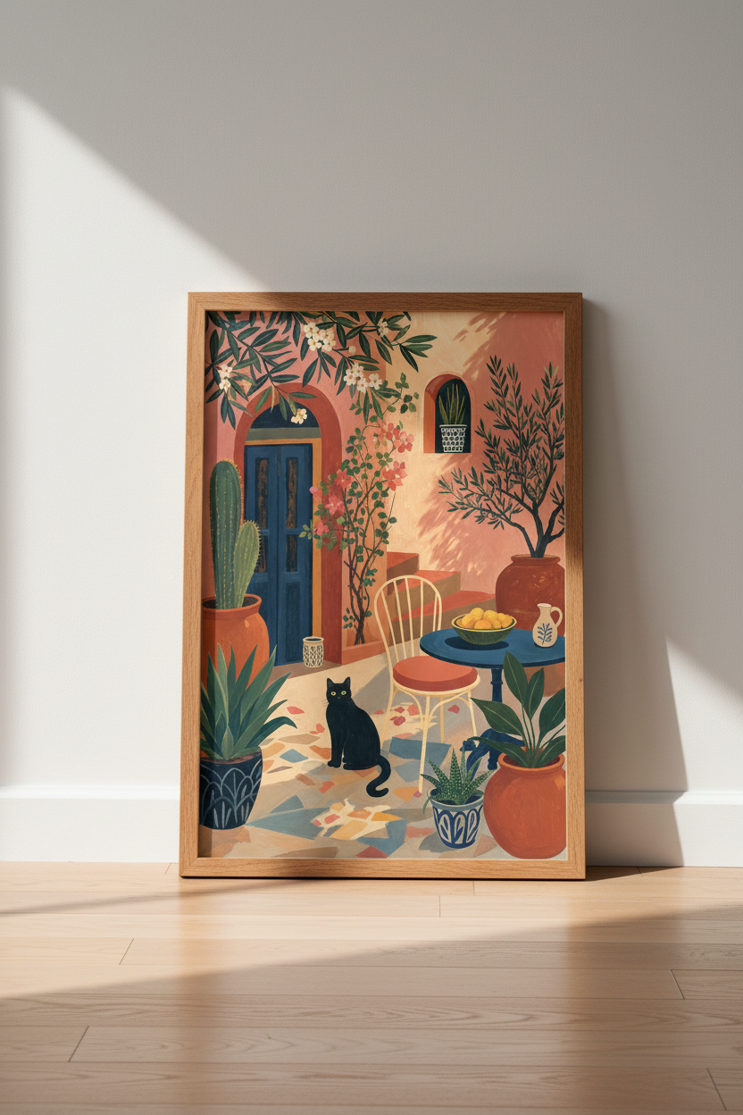 Mediterranean Black Cat Wall Art | Terracotta Courtyard Print | Boho Kitchen Decor