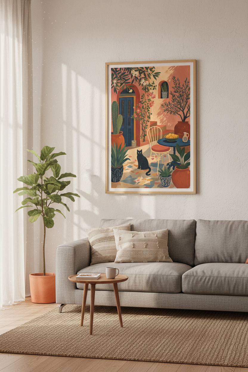 Mediterranean Black Cat Wall Art | Terracotta Courtyard Print | Boho Kitchen Decor