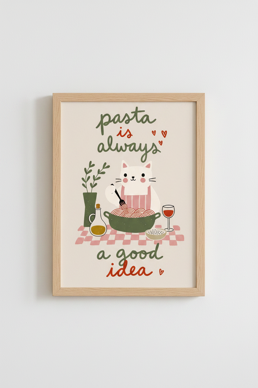 Pasta Cat Wall Art Print | Kitchen Decor | Cute Foodie Poster