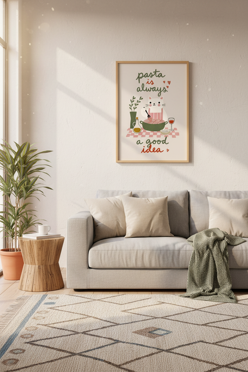 Pasta Cat Wall Art Print | Kitchen Decor | Cute Foodie Poster
