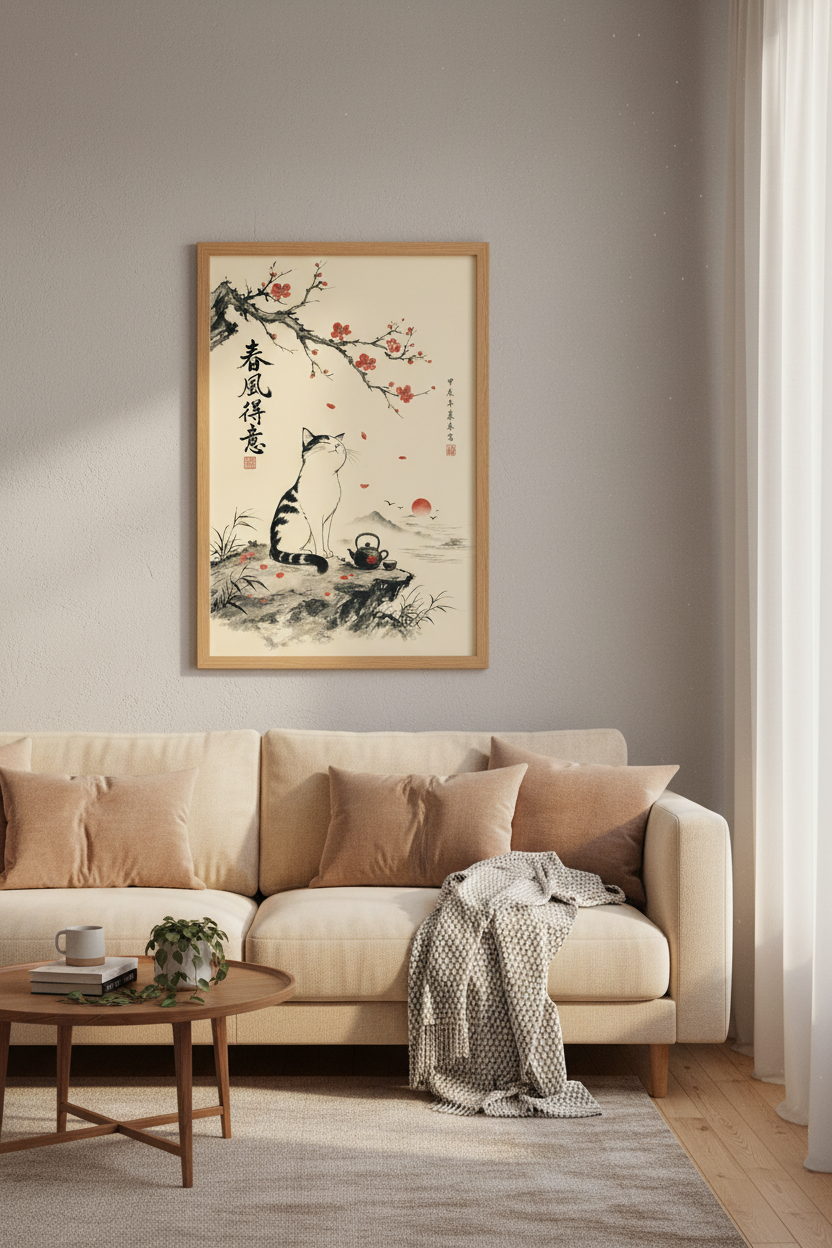 Japanese Ink Wash Cat Wall Art | Zen Tea & Blossom Decor | Minimalist Sumi-e Poster