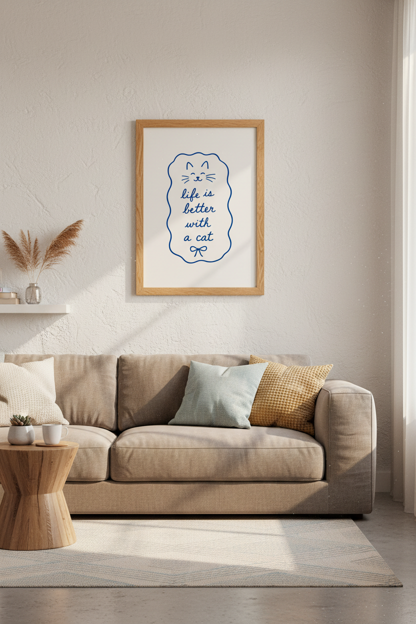 Cat Lover Wall Art | Minimalist Blue Line Drawing, Nursery Decor Aesthetic Poster