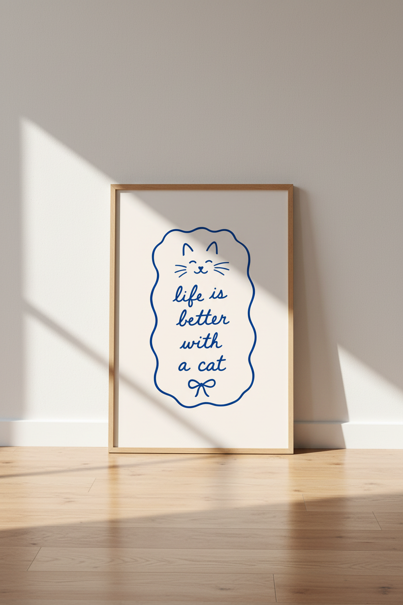 Cat Lover Wall Art | Minimalist Blue Line Drawing, Nursery Decor Aesthetic Poster