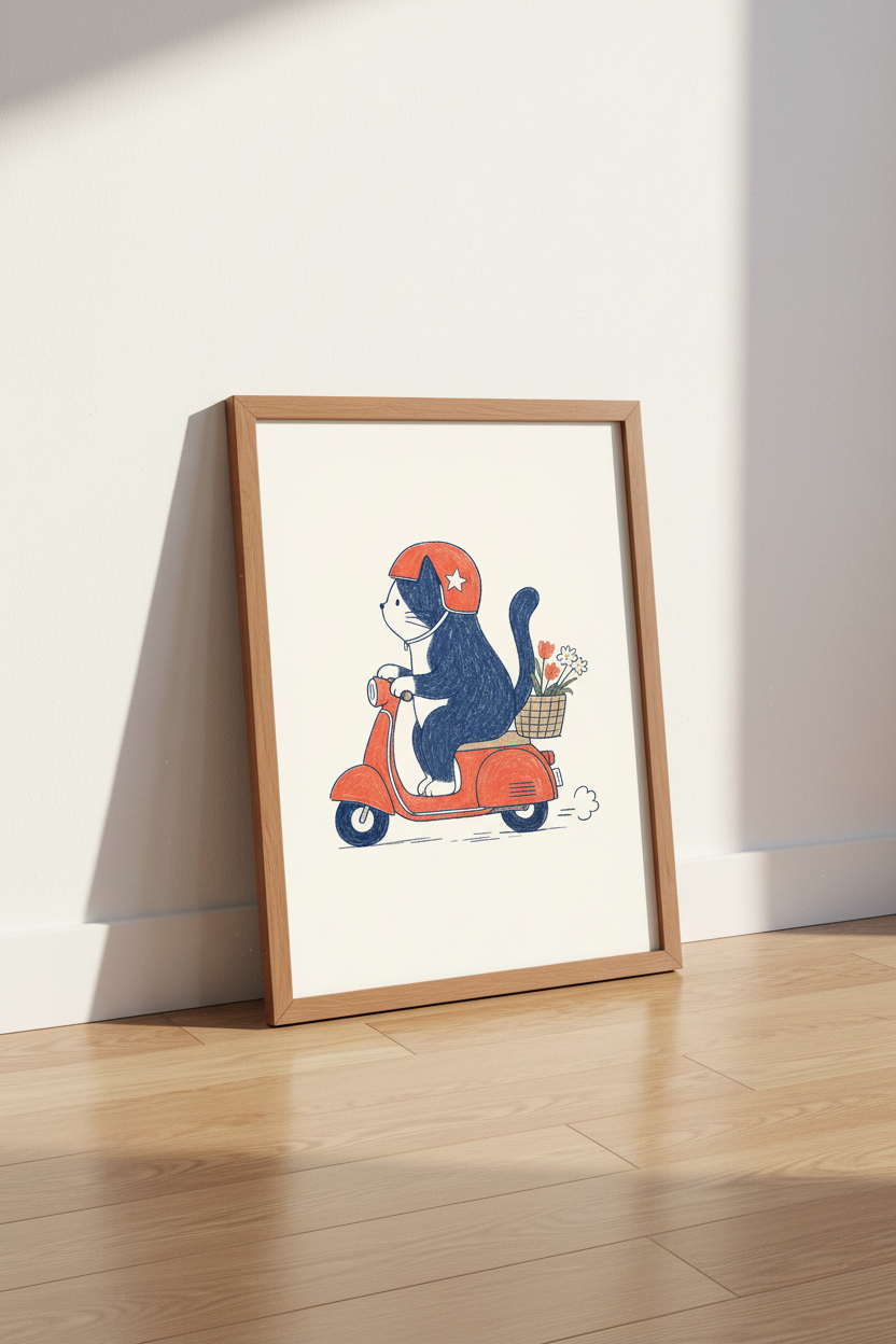 Cat on Scooter Art Print | Nursery & Kids Room Decor | Cute Whimsical Poster