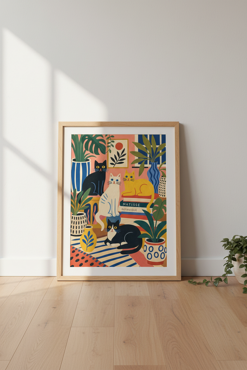 Whimsical Folk Art Cats Poster | Colorful Botanical Wall Art, Eclectic Living Room Decor