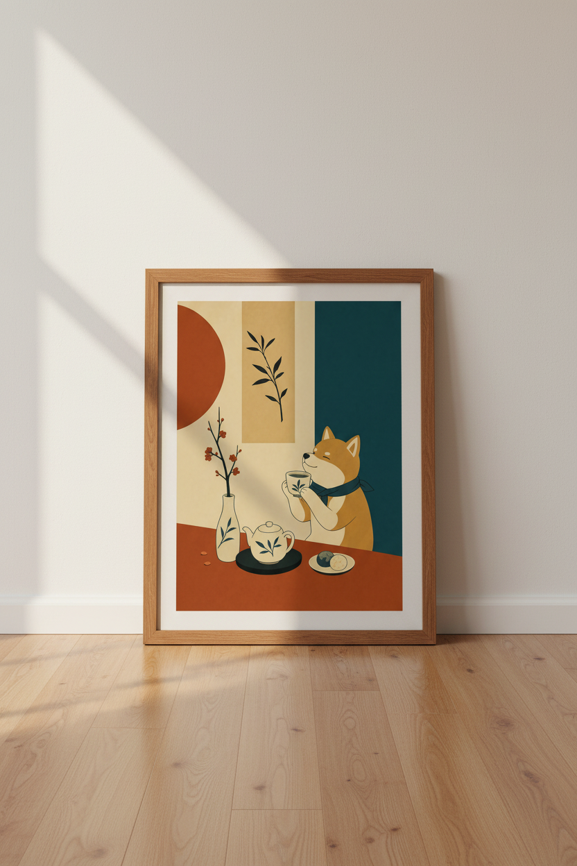 Shiba Inu Tea Print | Japanese Minimalist Boho Wall Art, Zen Kitchen Decor