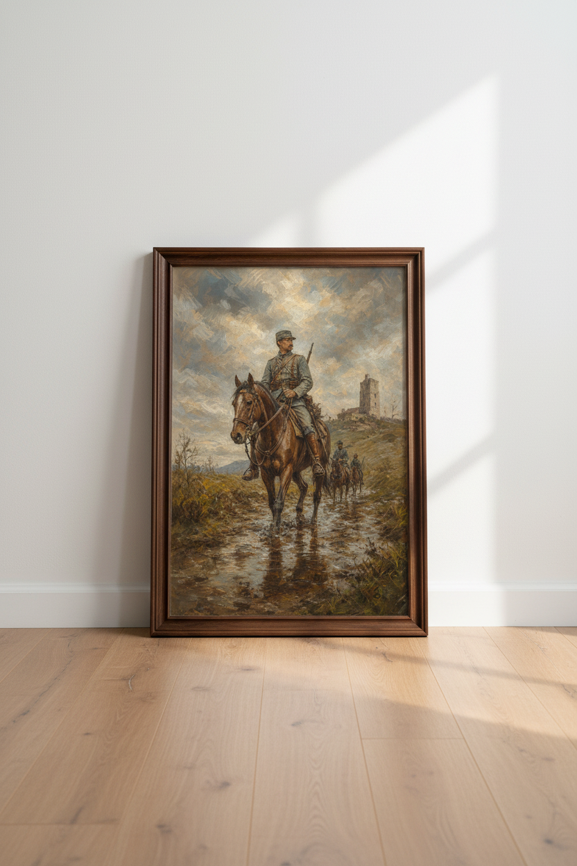 Military wall art print | Romantic war realism, blue-grey palette | Living room decor
