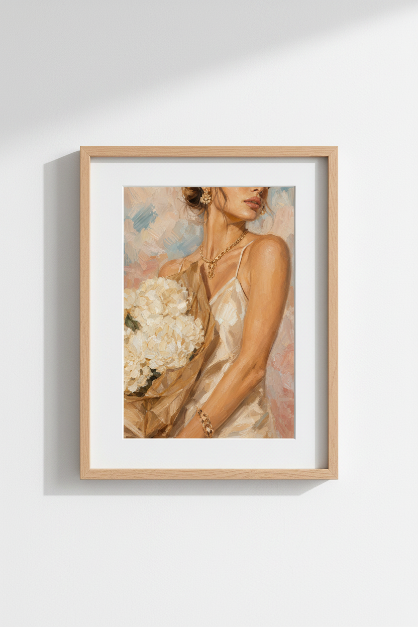 Chic Woman Oil Painting | Romantic Floral Portrait, Neutral Bedroom Wall Art Poster
