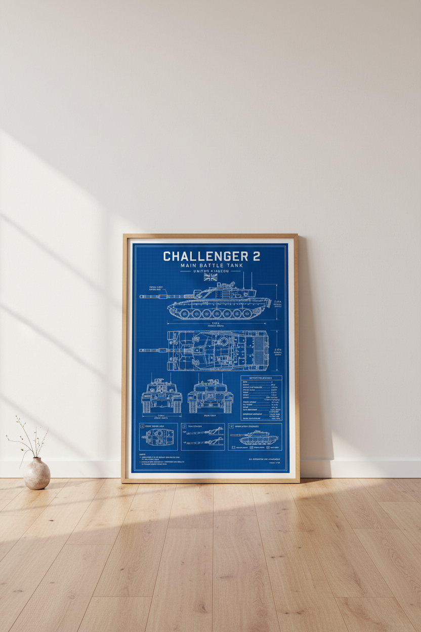 Challenger 2 Tank Blueprint Wall Art | Military History Decor | Navy Blue Poster
