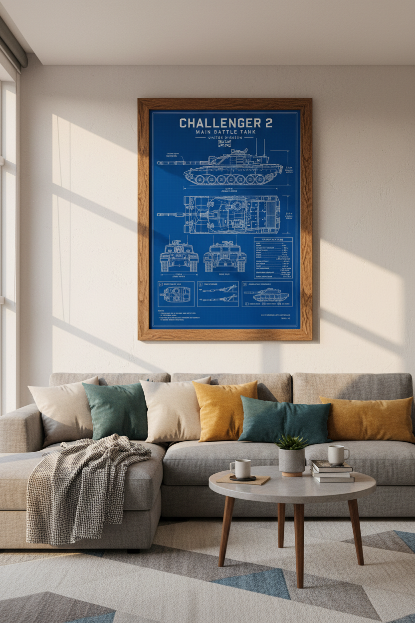 Challenger 2 Tank Blueprint Wall Art | Military History Decor | Navy Blue Poster
