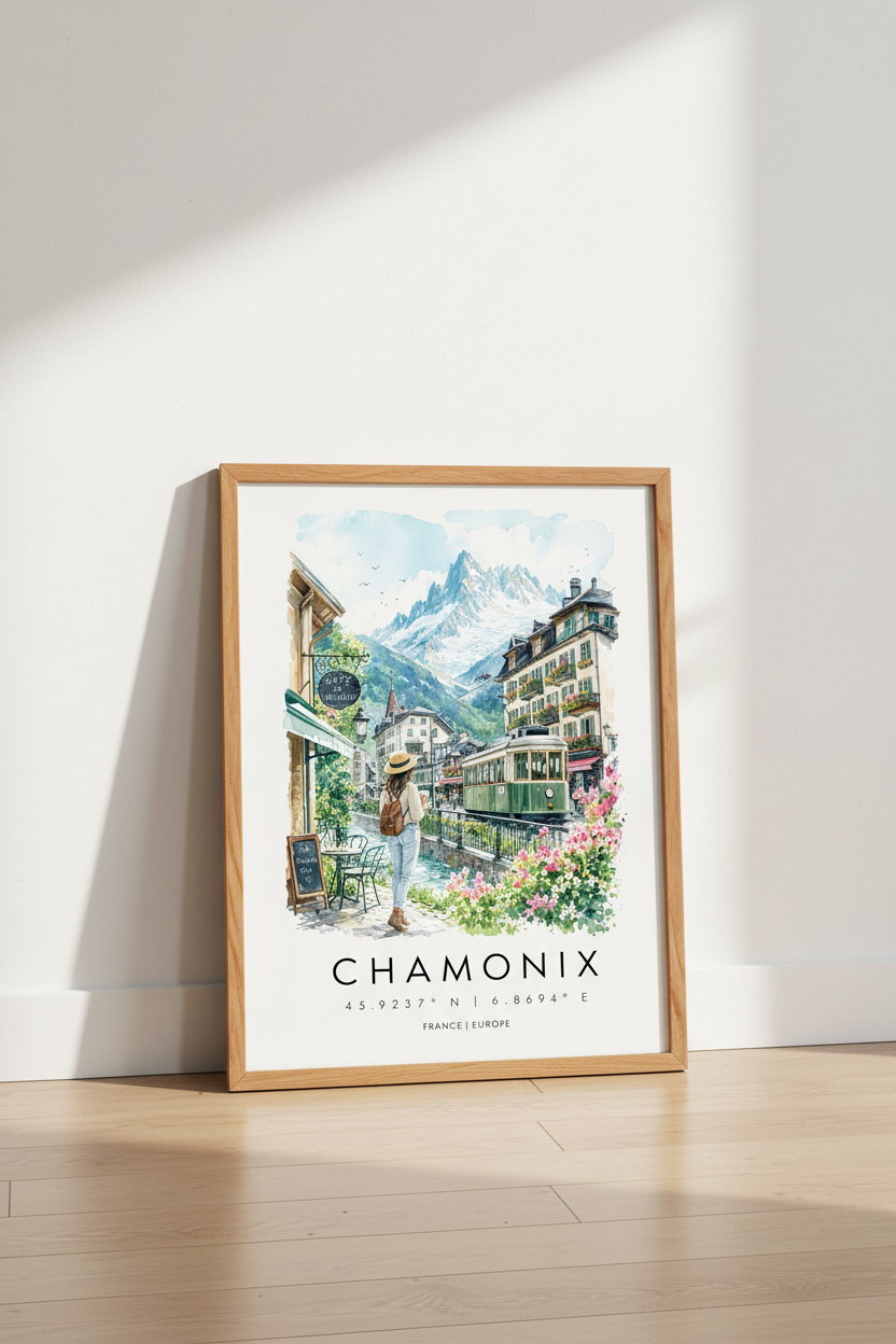 Chamonix France Travel Poster | Watercolor Mountain Wall Art, French Alps Decor
