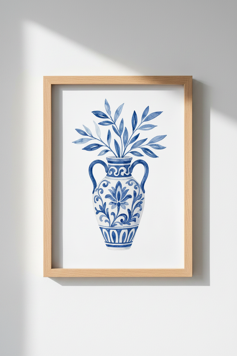 Chinoiserie Art Print | Blue White Ginger Jar Vase, Coastal Botanical Wall Decor