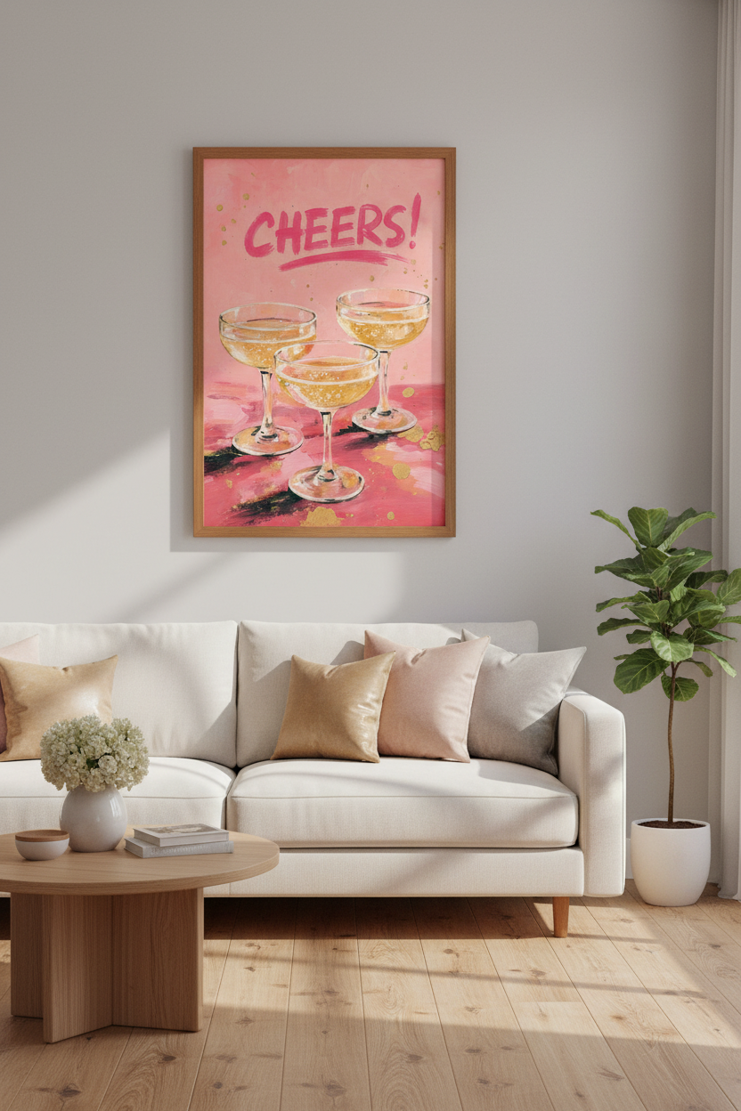 Cheers Champagne Wall Art | Pink Bar Cart Decor, Preppy Kitchen Poster
