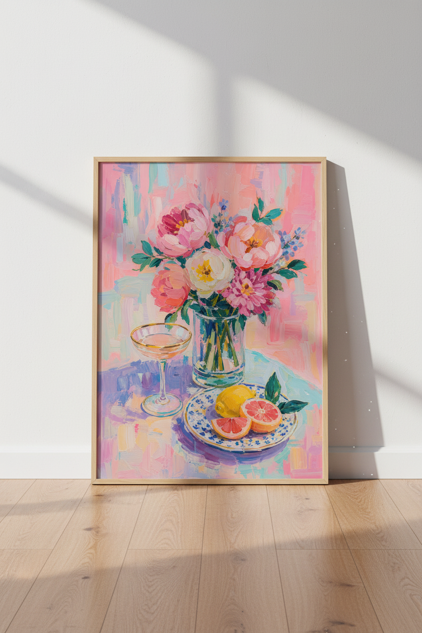 Pastel Floral Oil Painting | Pink Peony & Citrus Still Life, Kitchen Decor Poster
